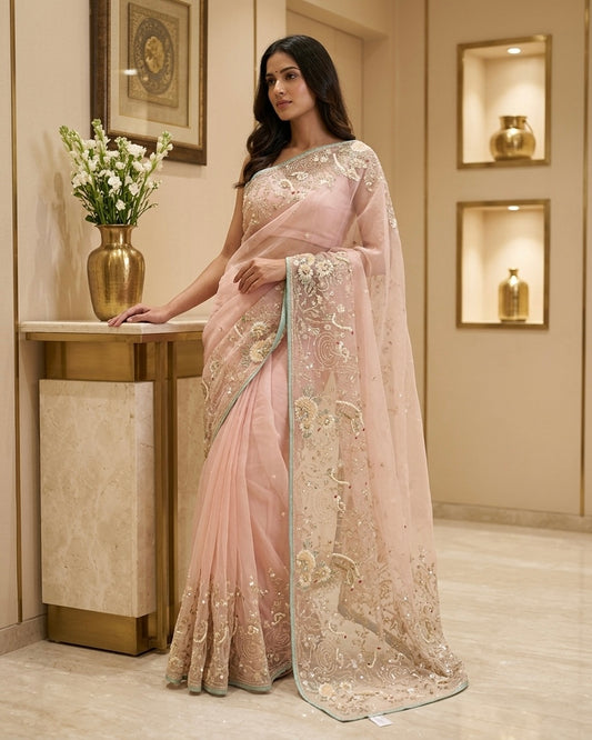 Light Pink Organza Net Designer Saree