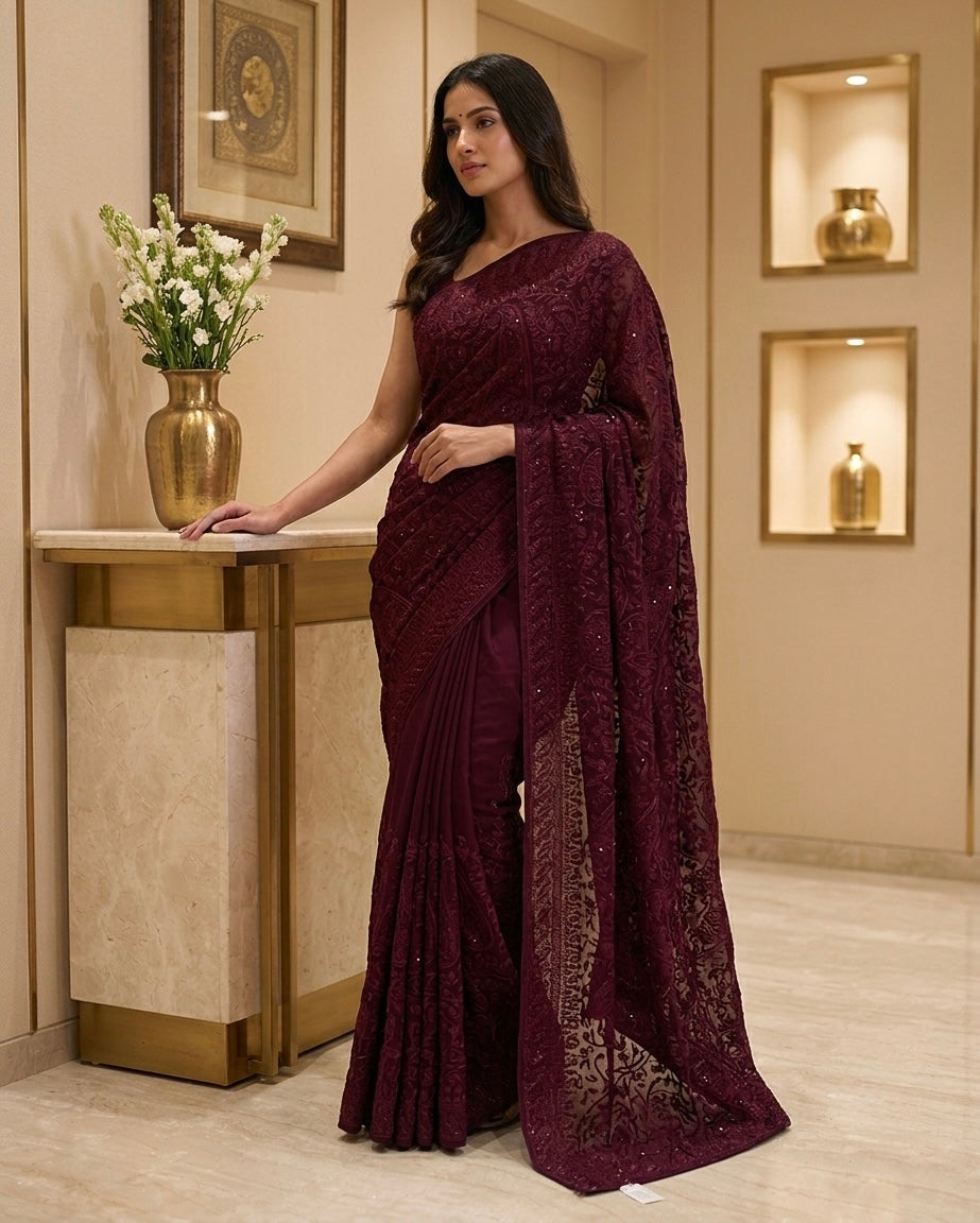 Wine Shimmer Chiffon Jaal Embroidery