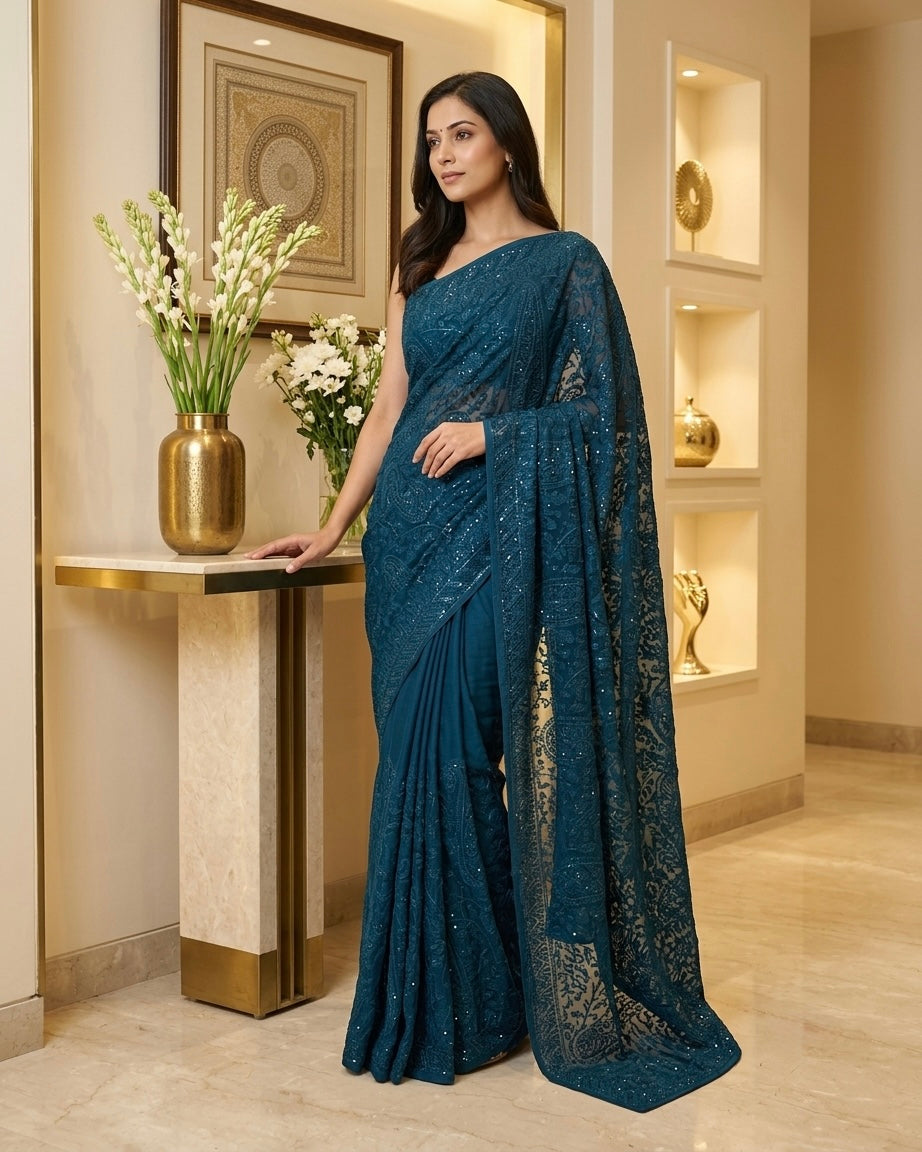 Turquoise Shimmer Chiffon Jaal Embroidery