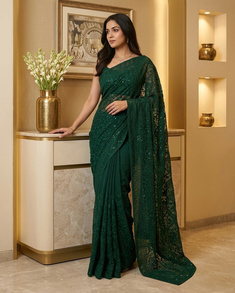 Bottle Green  Shimmer Chiffon Jaal Embroidery