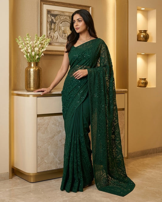 Bottle Green Shimmer Chiffon Jaal Embroidery