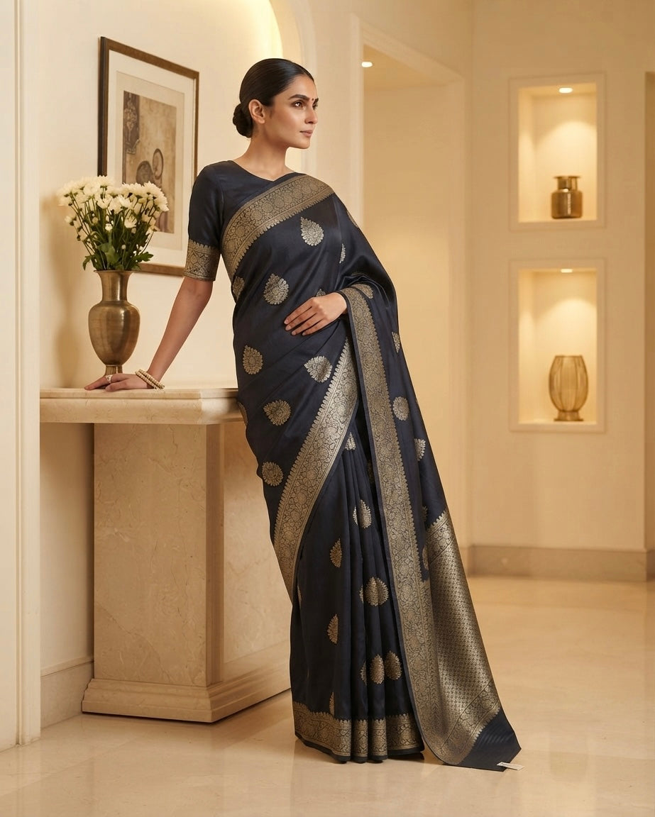 Benaras Ash Grey Cotton Silk Saree