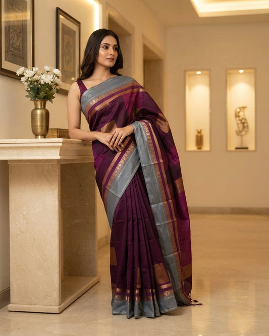 Wine Blended Kora Cotton Silk Saree