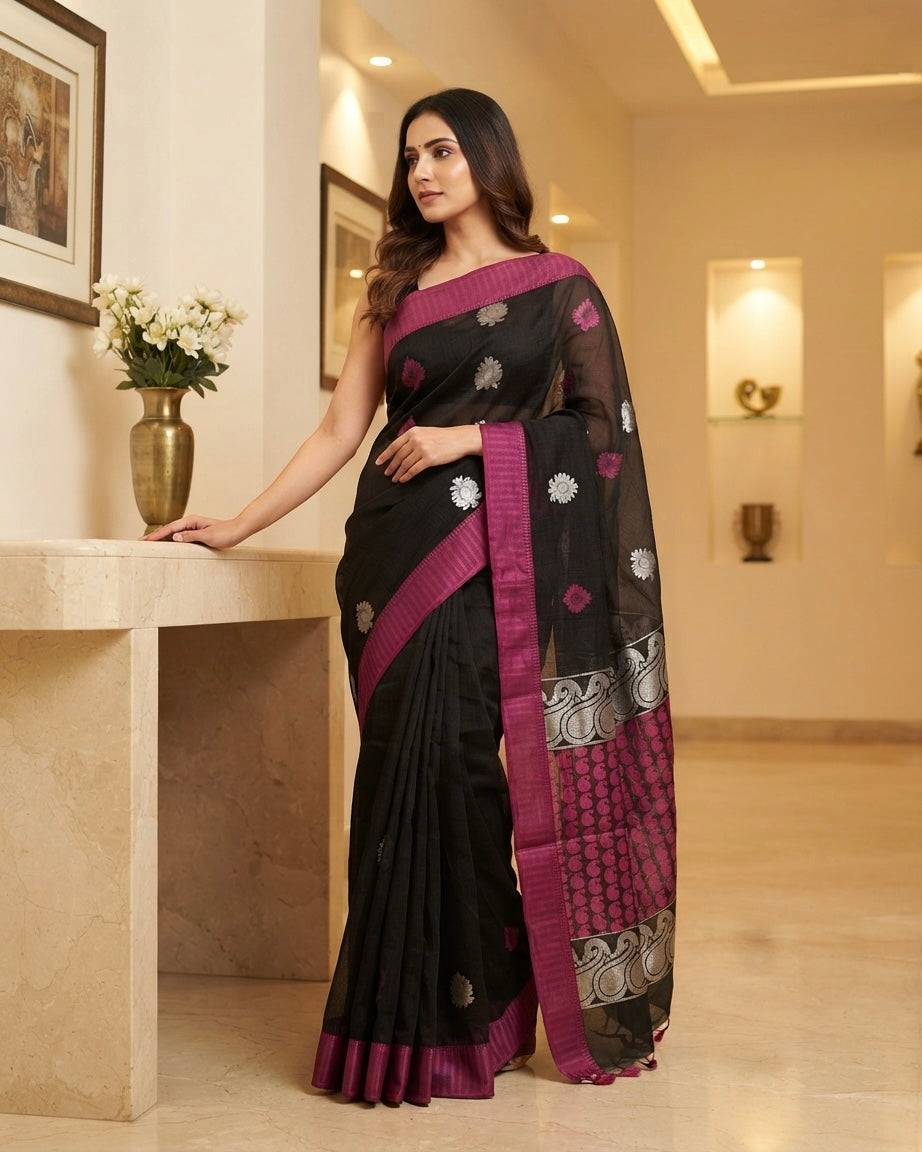 Black Blended Kora Cotton Silk Saree