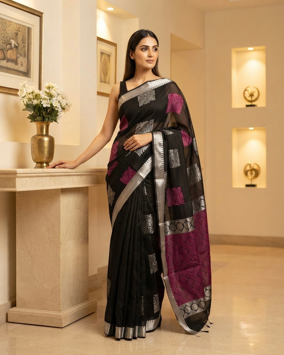 Black Blended Kora Cotton Silk Saree