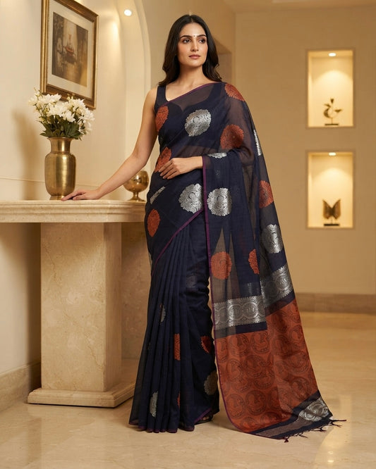 Navy Blue Blended Kora Cotton Silk Saree