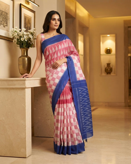 Cotton Ikkat Pink Saree