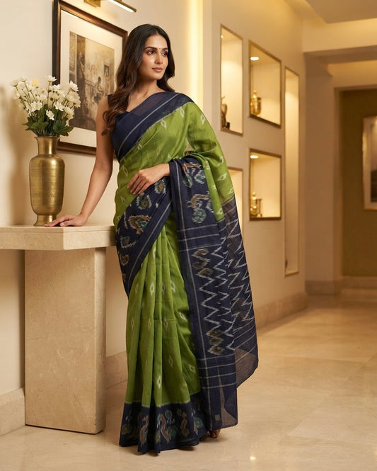 Cotton Ikkat Green Saree