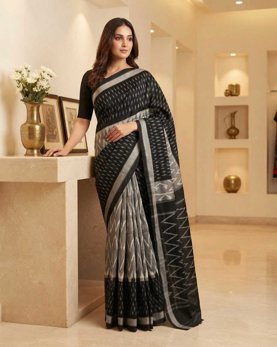Cotton Ikkat Black Saree