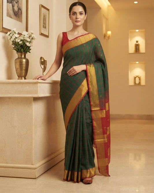 Venkatgiri Green Check Cotton Silk Saree
