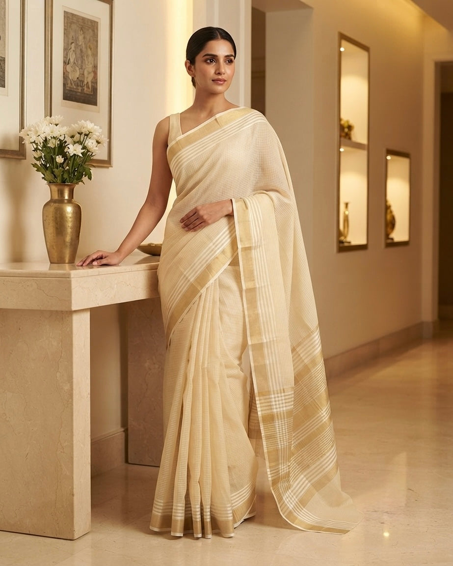 Beige Cotton Slub Saree