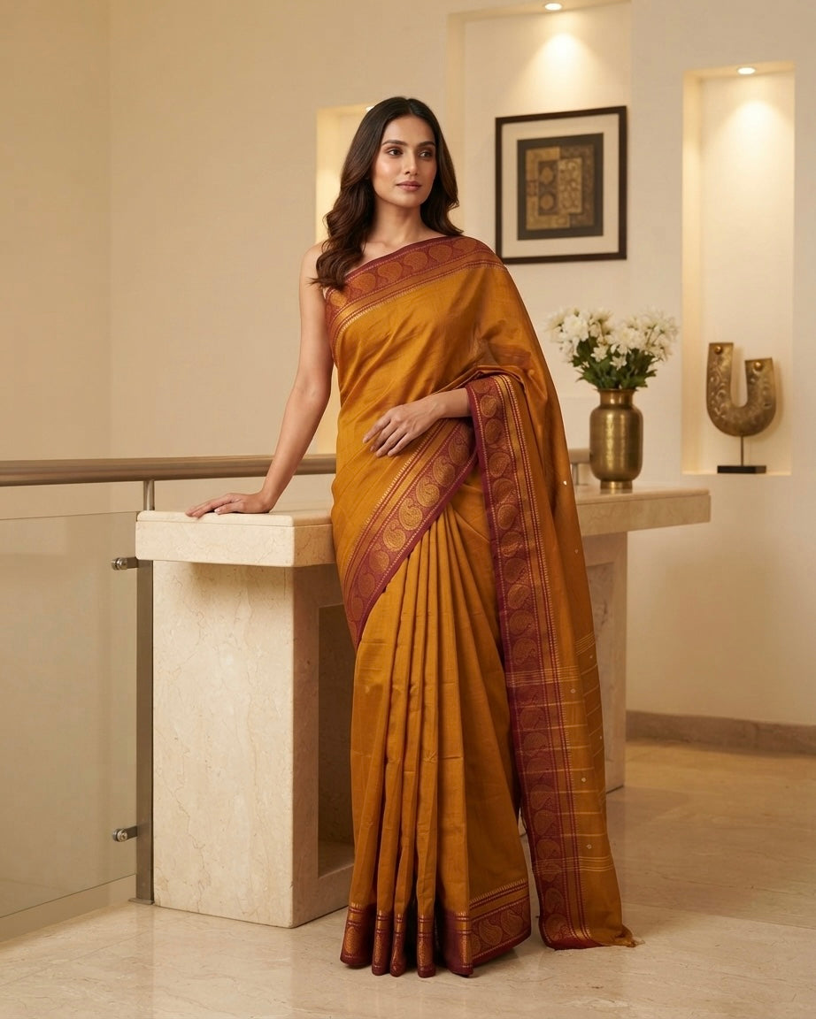 Mustard Kanchi Cotton Saree