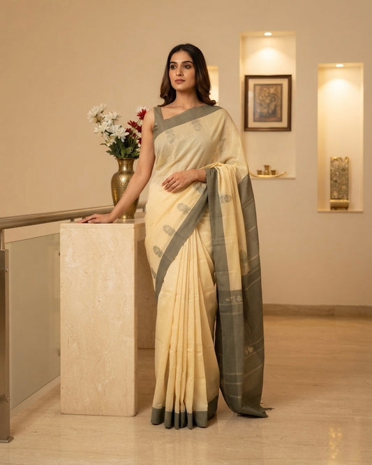 Beige & Grey Cotton Saree