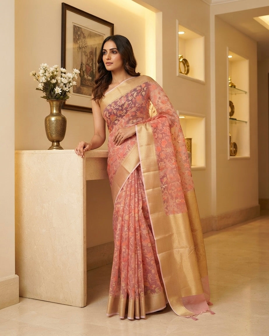 Woven Organza Pinkish Peach Saree