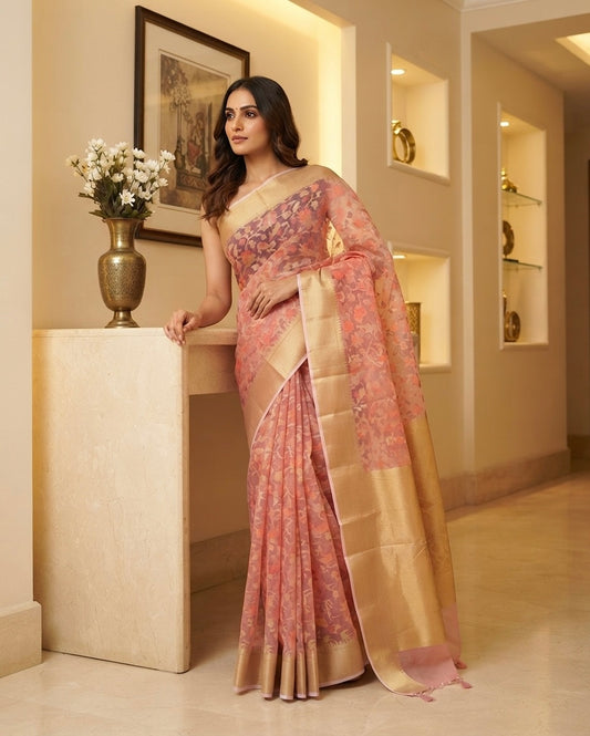 Woven Organza Pinkish Peach Saree