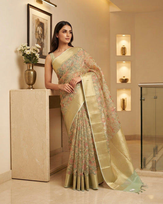 Woven Organza Pista Green Saree