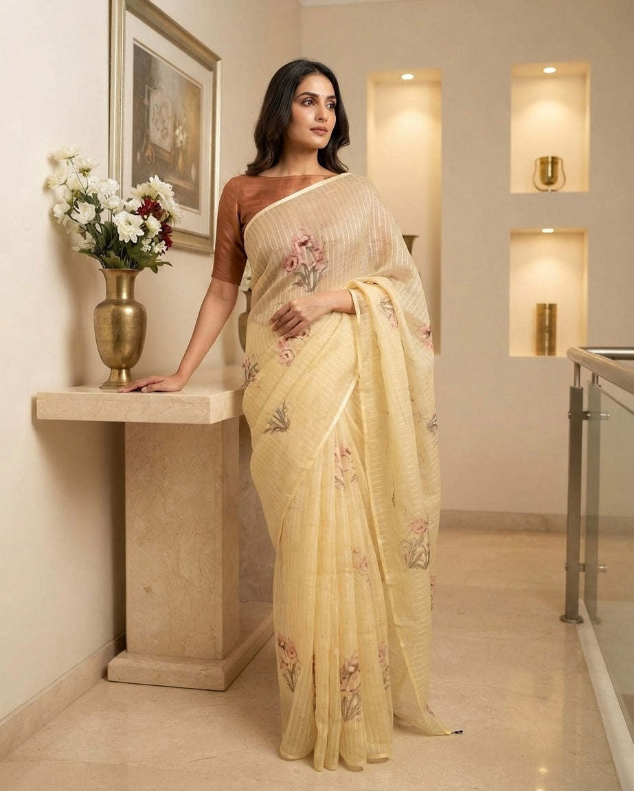 Lemon Floral Viscose Organza Saree