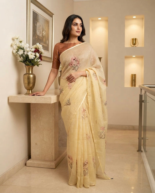 Lemon Floral Viscose Organza Saree