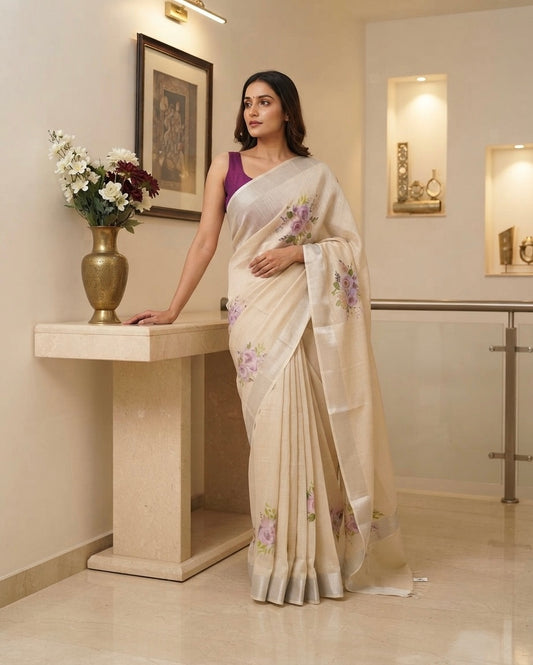 Floral Viscose Linen  Saree