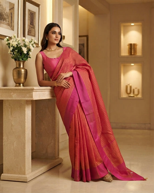Pink and Orange Stripe Silk Saree