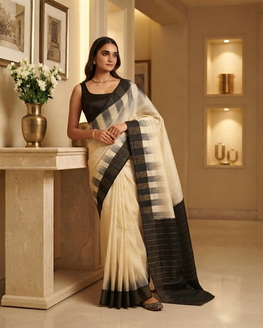 Black and Off-White silk Saree