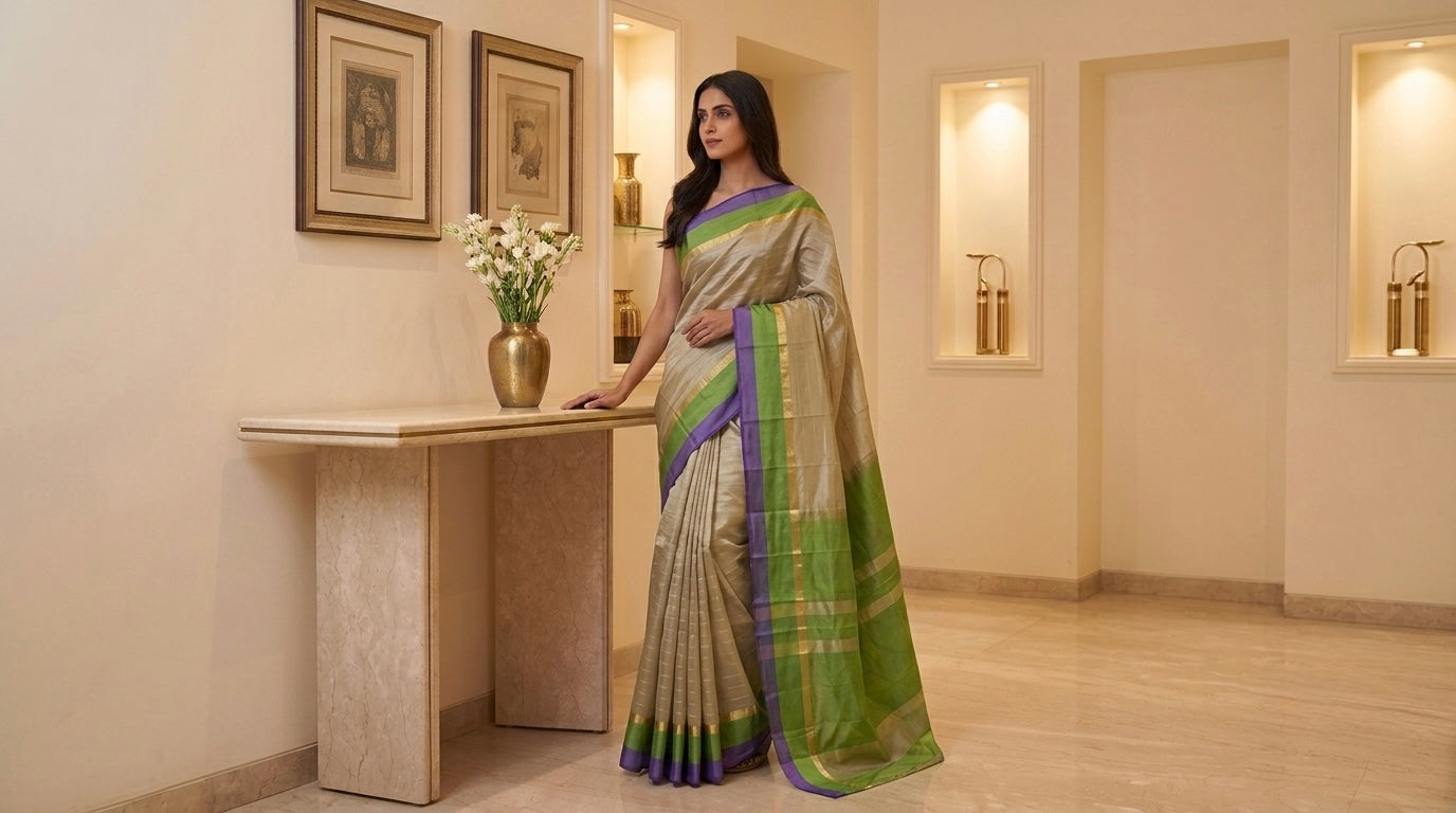 Greyish Beige Silk Saree