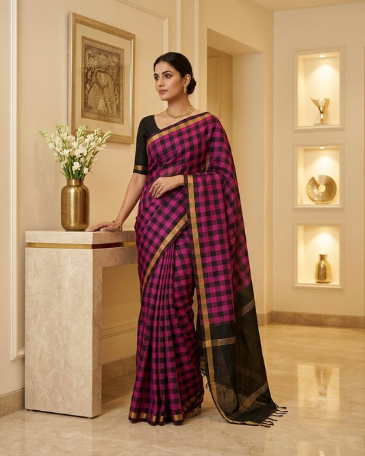 Black & Pink Cotton Silk Saree