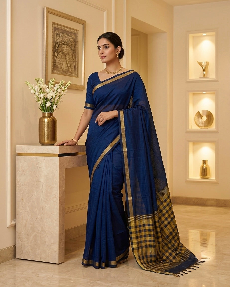 Peacock Blue & Mustard Cotton Silk Saree