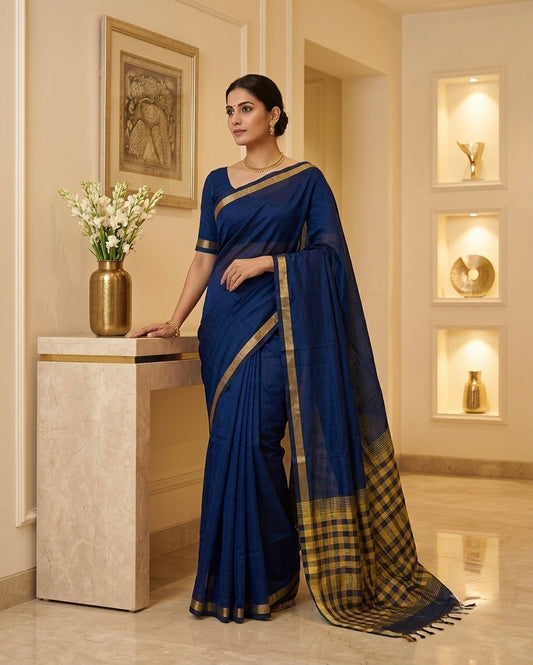 Peacock Blue & Mustard Cotton Silk Saree