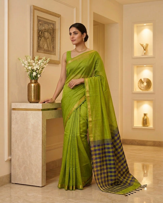 Green & Blue Cotton Silk Saree