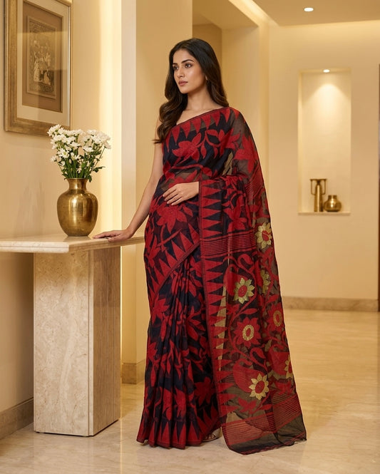 Jamdani Podo Red Black Saree