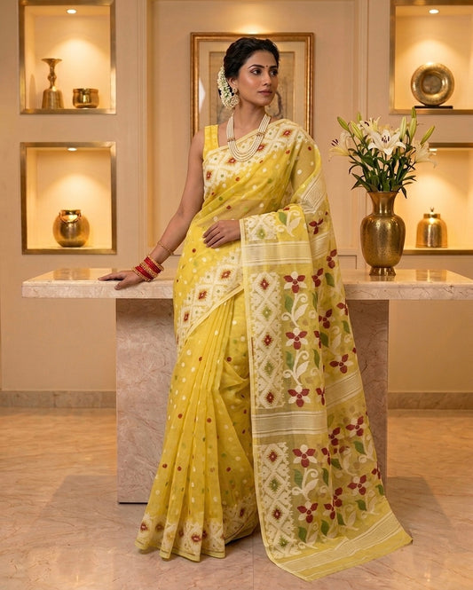 Jamdani Dhakai Golden Yellow Saree