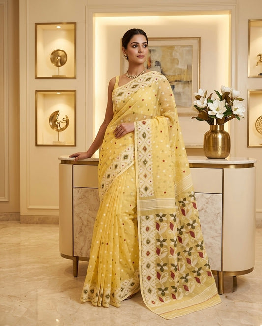 Jamdani Dhakai Yellow Saree