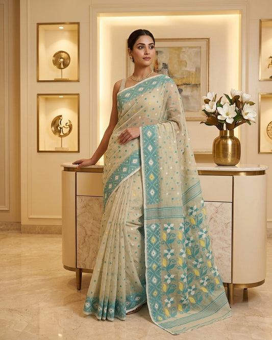 Jamdani Dhakai Beige Green Saree