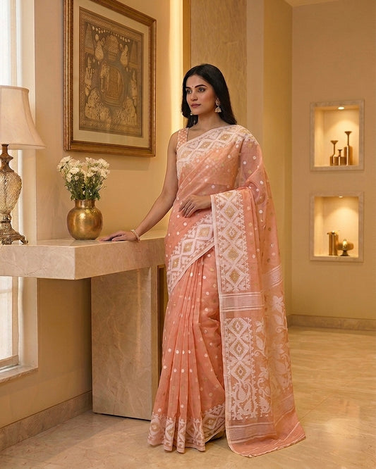 Jamdani Dhakai Peach Saree