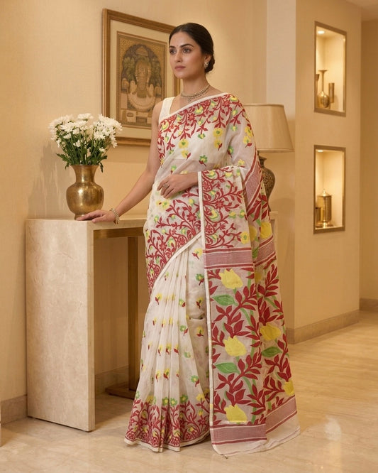 Jamdani Jumko Lata White Red Saree