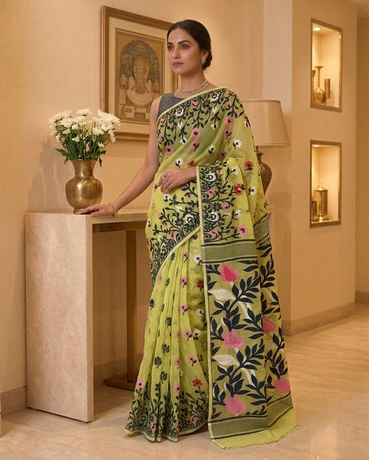 Jamdani Jumko Lata Yellow Pink Saree