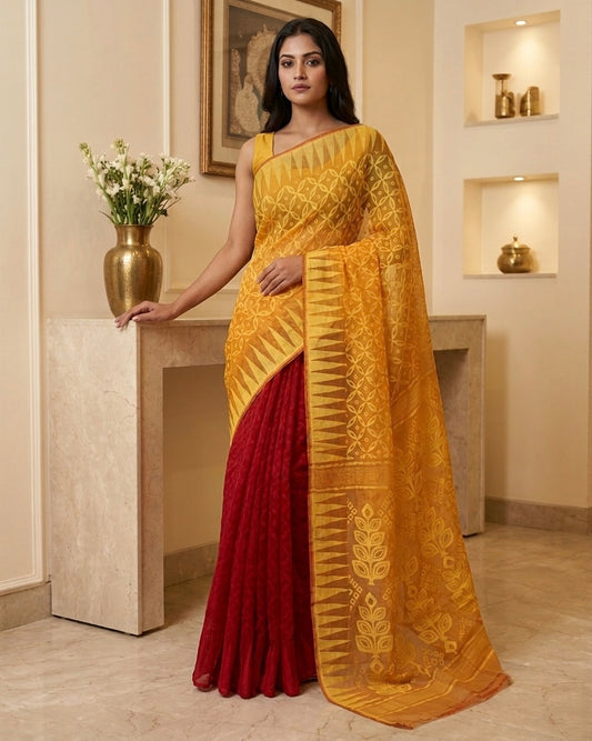 Jamdani Minakari Red Mustard Saree