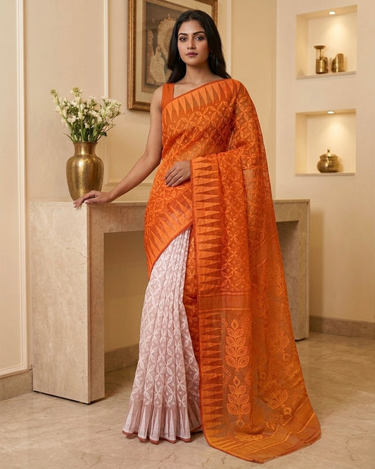 Jamdani Minakari Orange White Saree