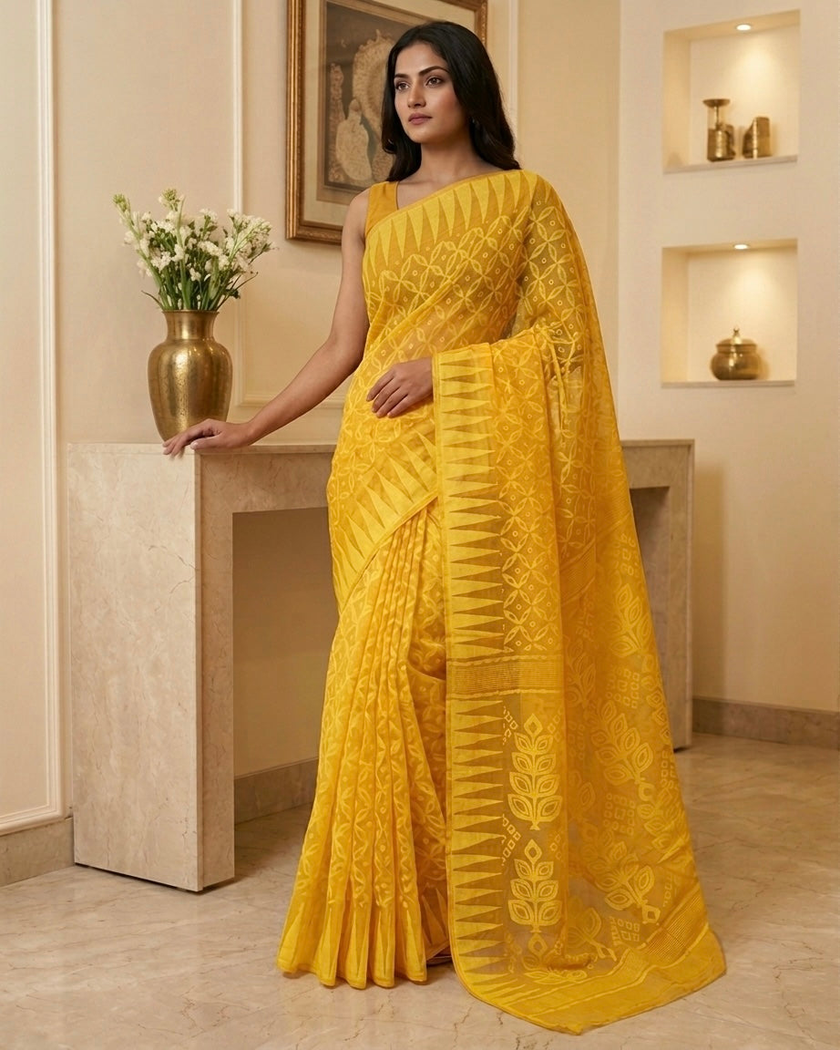 Jamdani Minakari Yellow Saree