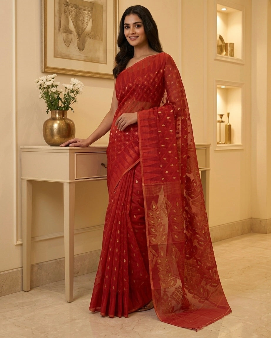 Jamdani Minakari Red Saree