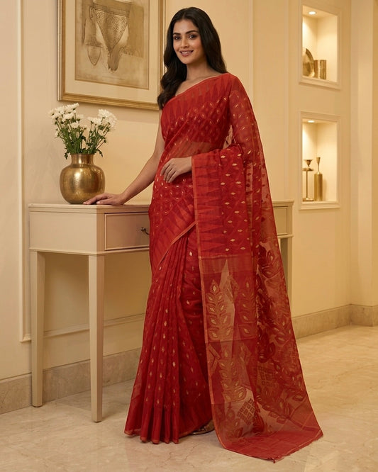 Jamdani Minakari Red Saree
