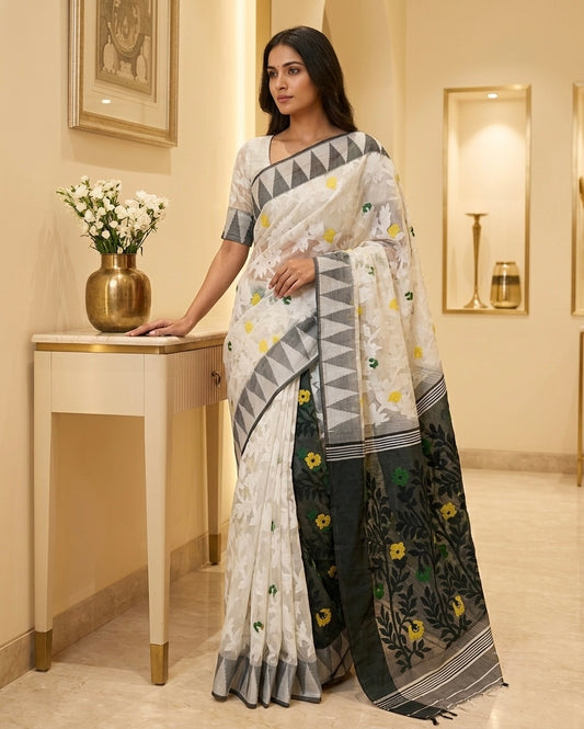 Jamdani Deb Dhakai White Black Saree