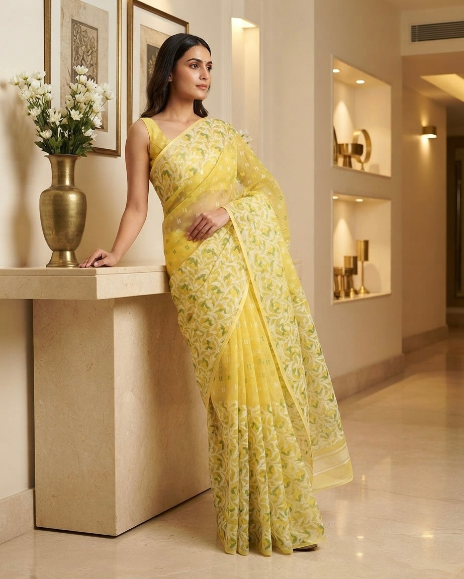 Jamdani Skit Yellow Saree