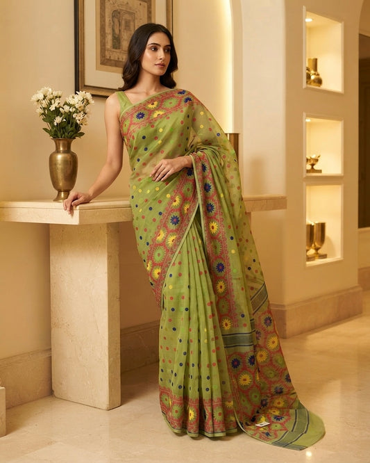 Jamdani Mouchik Green Saree