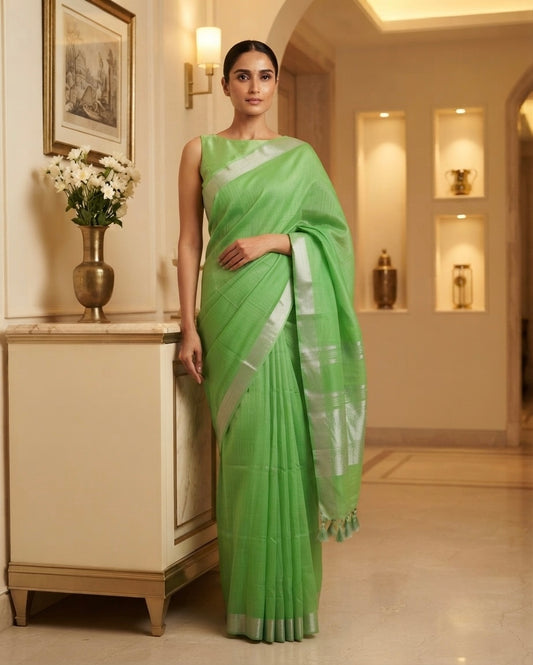 Green Linen Plain Saree