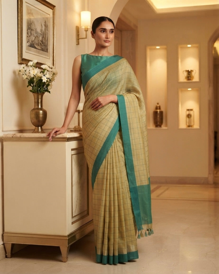 Tissue Linen Green Border Saree