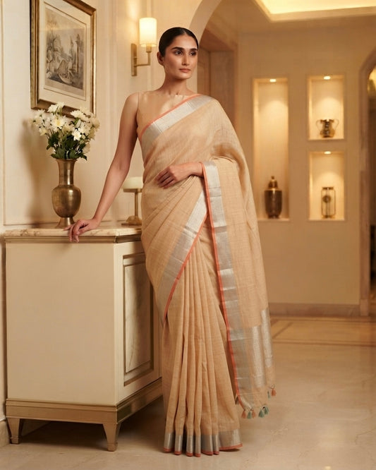 Peach Plain Linen Saree