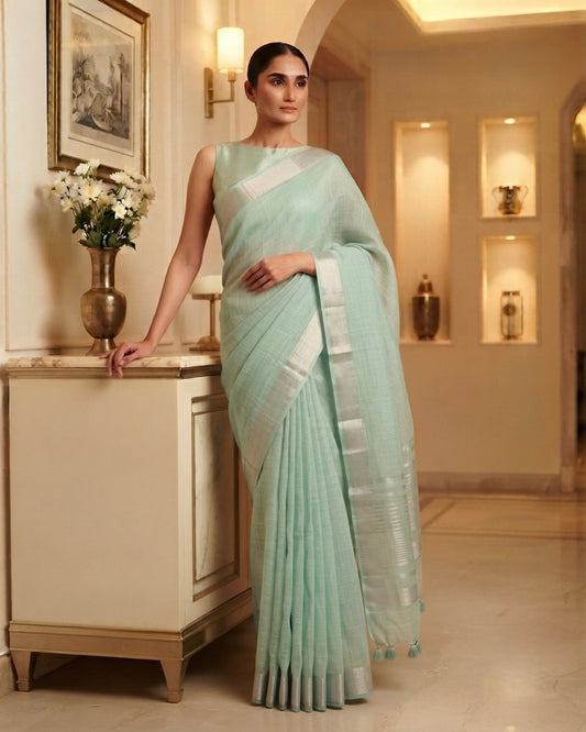 Green Plain Linen Saree