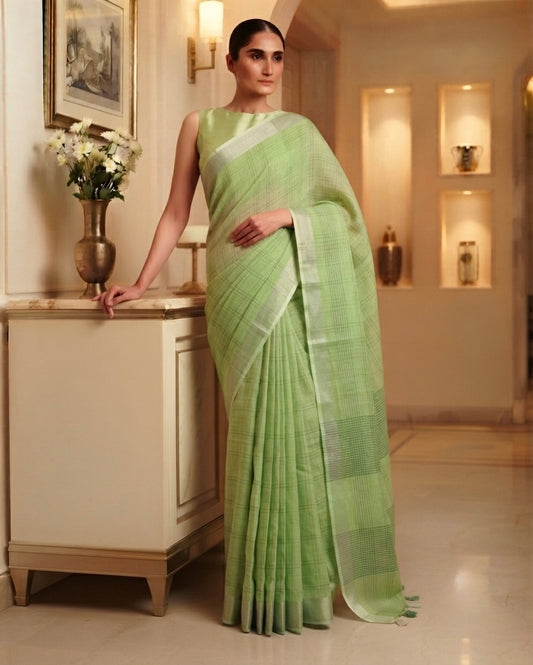 Zari Linen Checks Green Sari